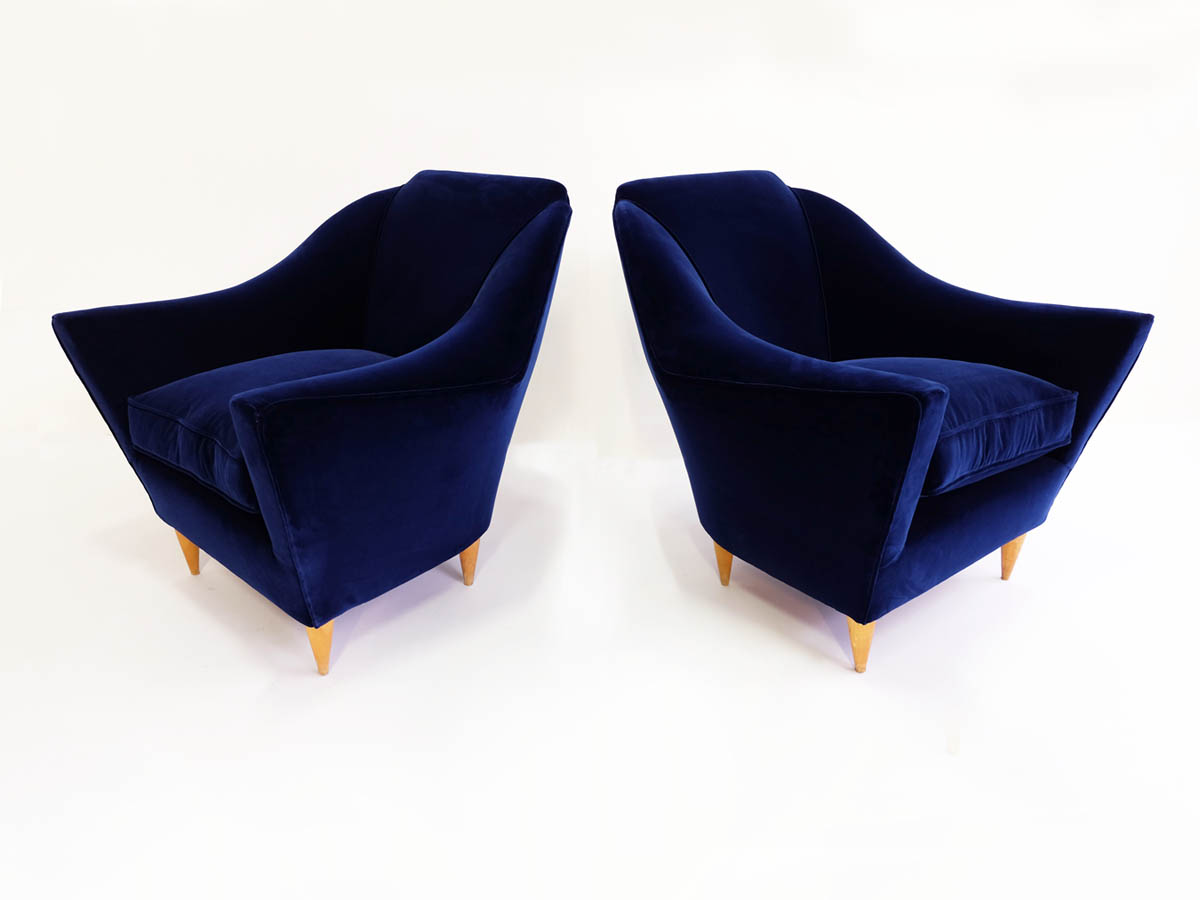 Pair of deep blue velvet Manta armchairs