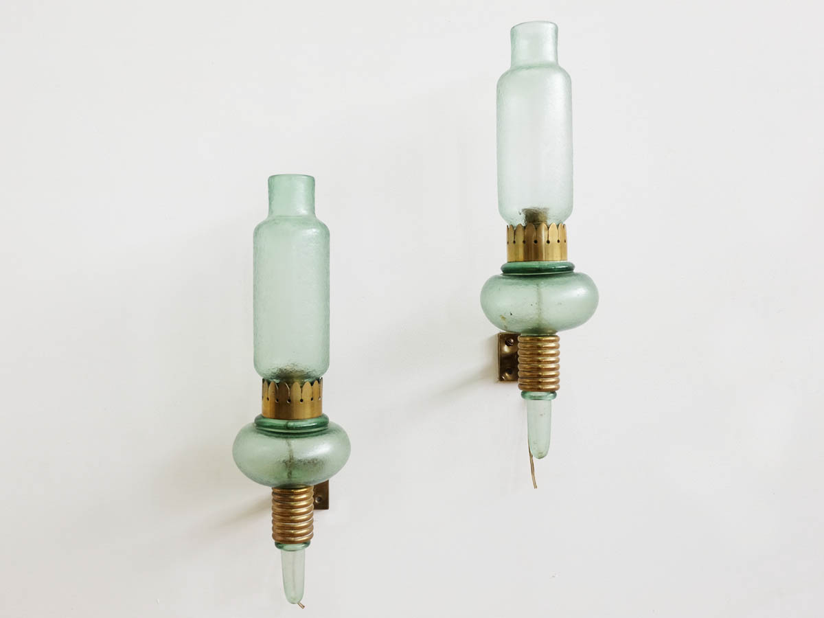 Pair of green "Corroso" glass sconces