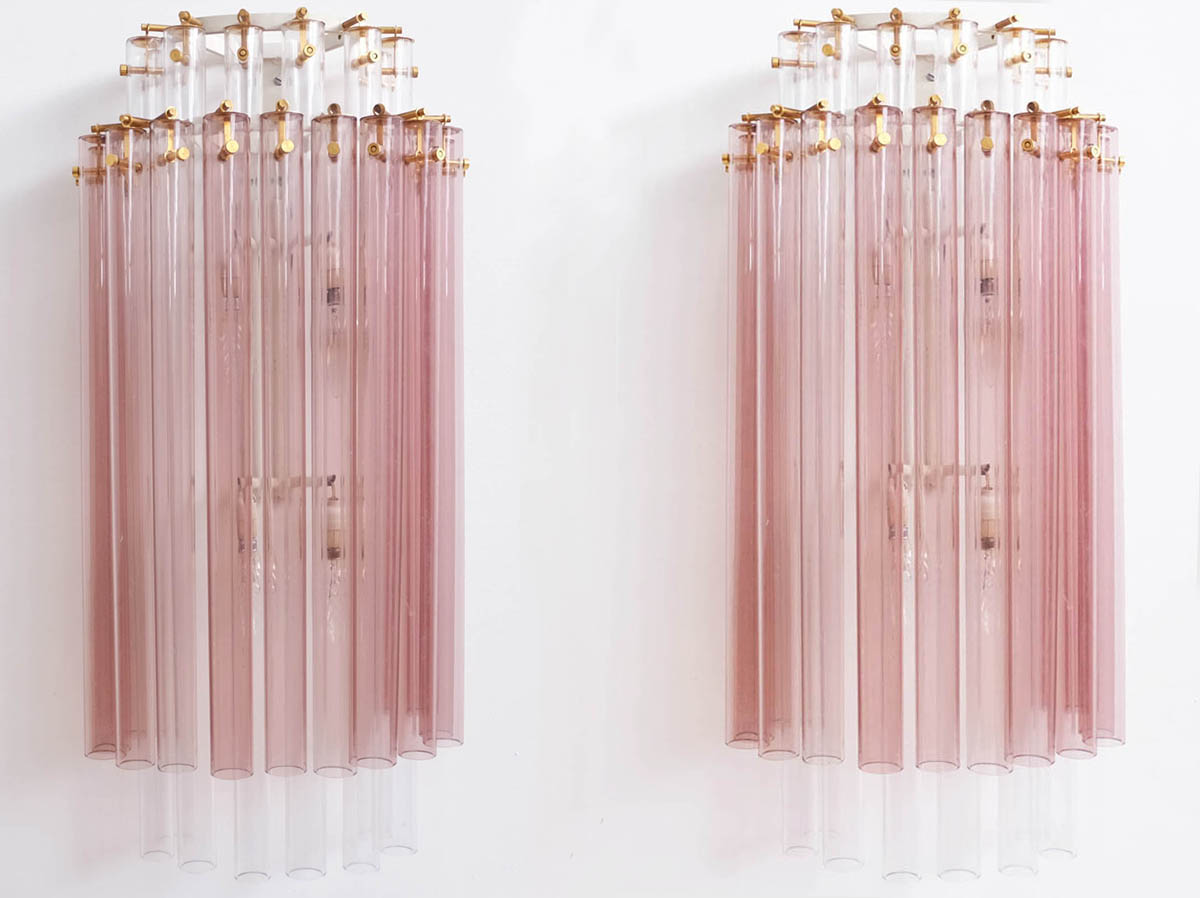 Pair of pale rose Venini glass tube sconces