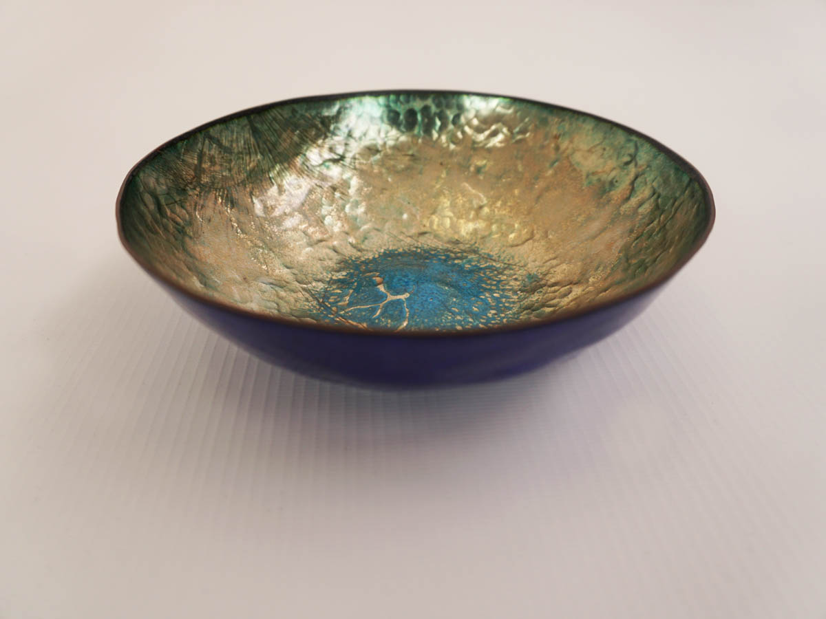 Turquoise and blu enameled copper bowl