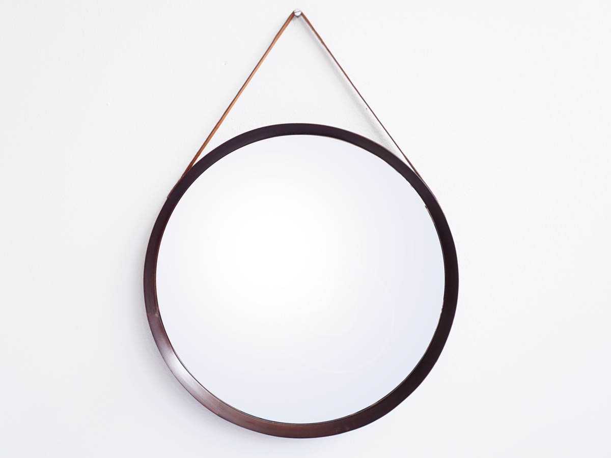 Oak and Leather Large Round Mirror by Luxus