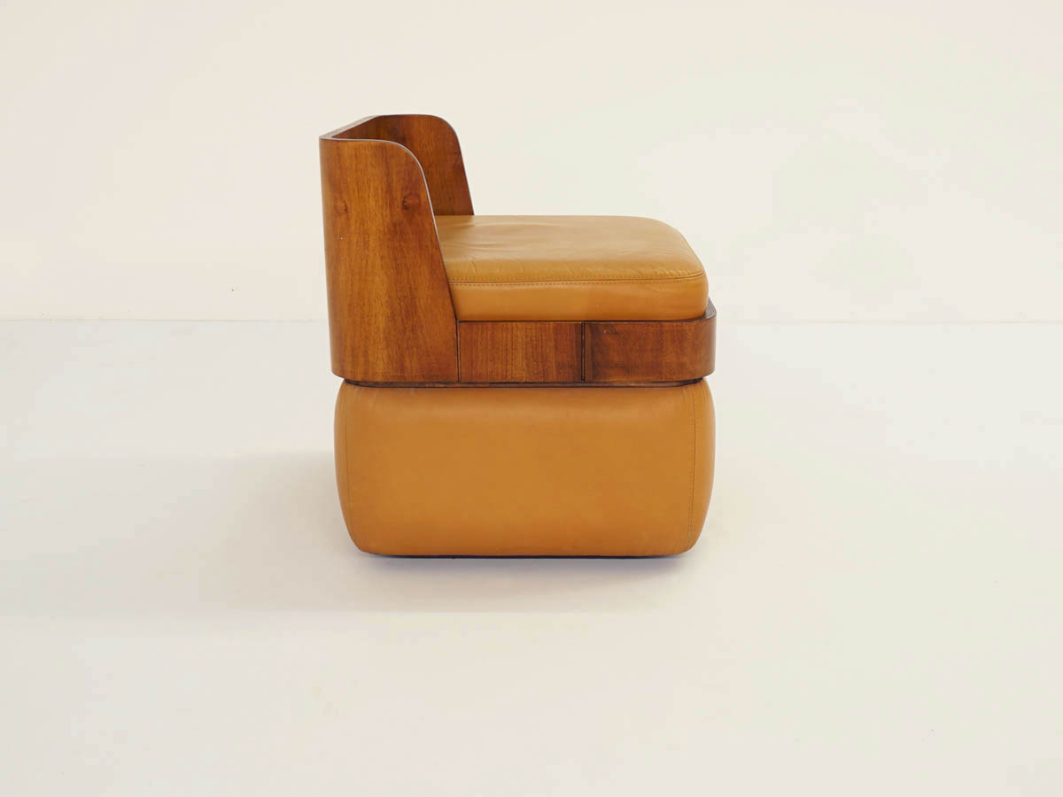 Small Curved Walnut and Leather Armchair