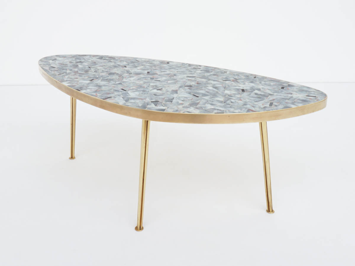 Oval coffee table in Vitreous Glass Mosaic and Brass