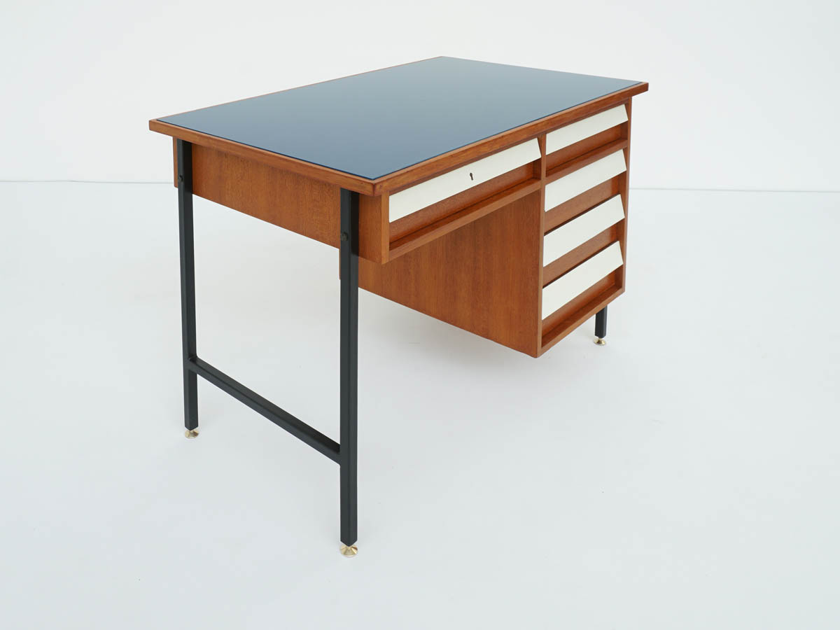 Petit Bureau avec Tiroirs, Verre Bleu, Italie 1950