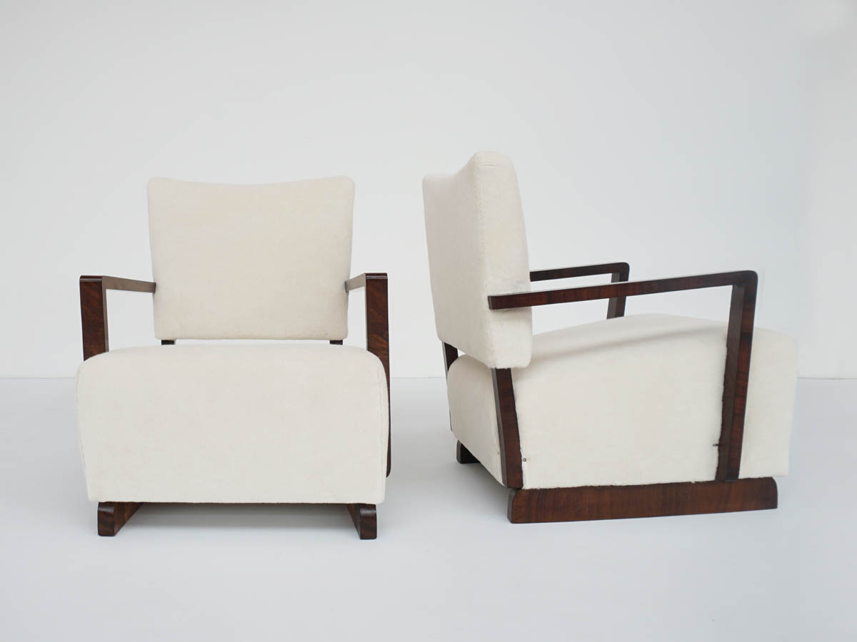 Art Deco Walnut Root and Mohair Wool Fur Armchairs