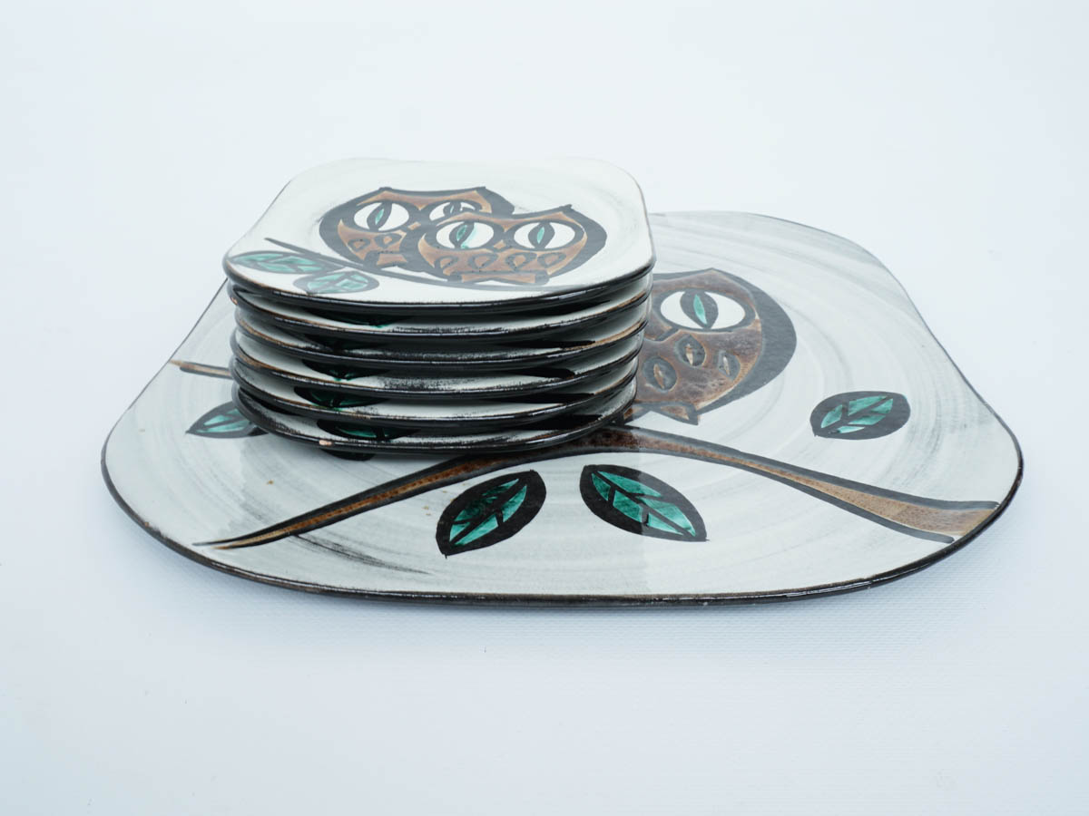 Ceramic Serving Plate and 6 Saucers painted with Owls