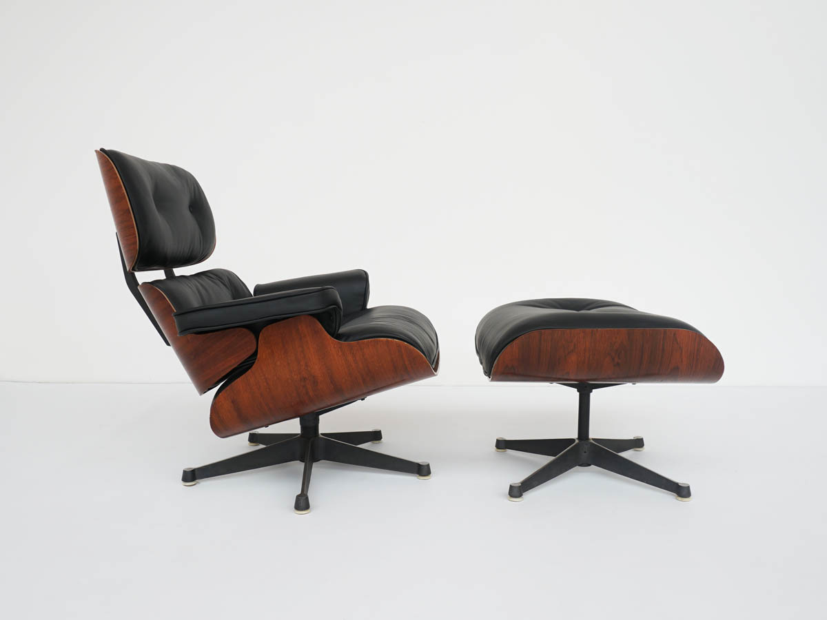 Rosewood Lounge Chair and Ottoman in Black Leather