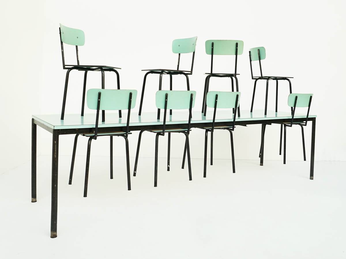 2 Sets Available Large Pistachio Green Laminate Table with 8 Suspended Chairs