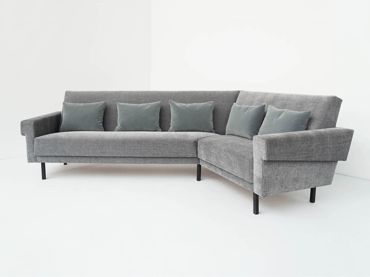 Sofa in Lead-Gray Fabric with Feather and Velvet Cushions
