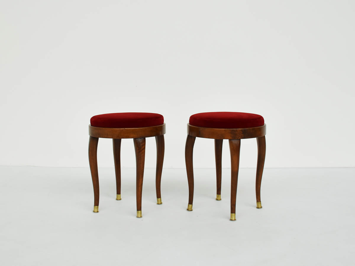 Pair of Stools in Walnut Briar and Velvet