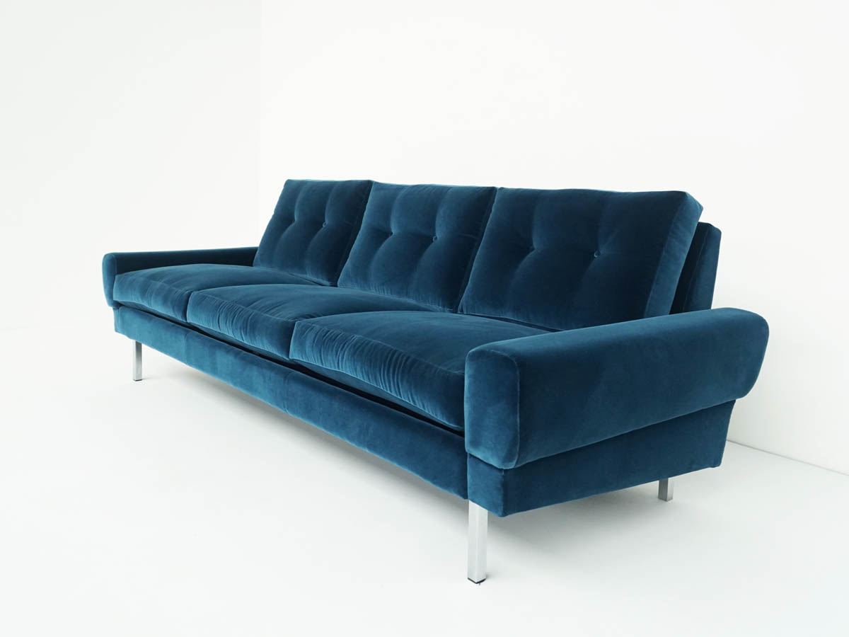 Mid Century Modern Blue Velvet Three-Seater Sofa
