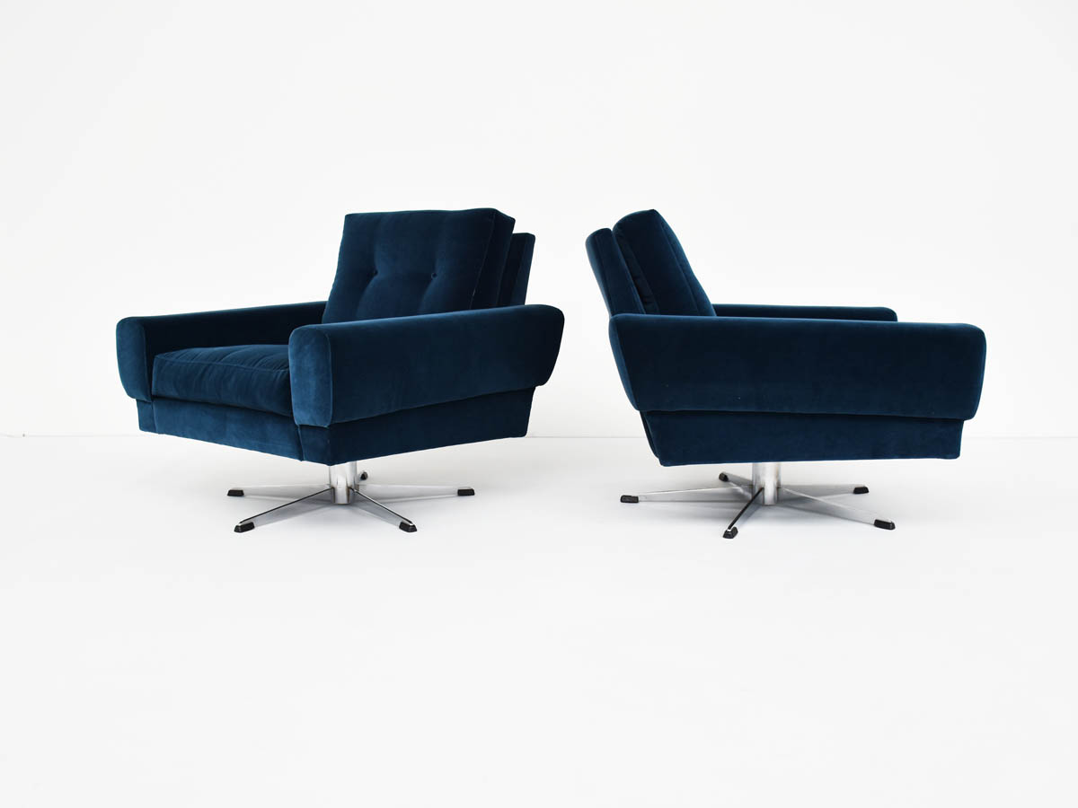 Mid Century Modern Blue Velvet Revolving Armchairs