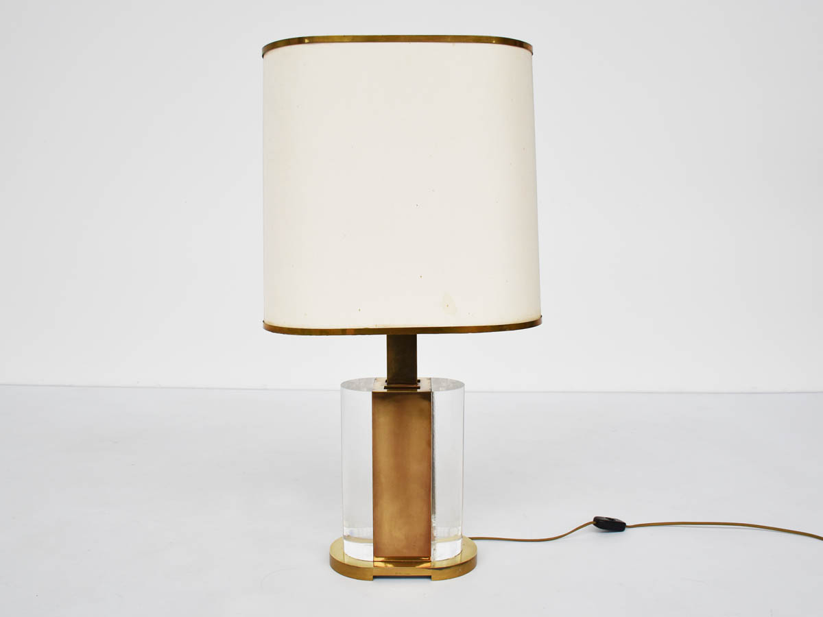 Solid plexiglass and Brass Table Lamp, Signed on the base