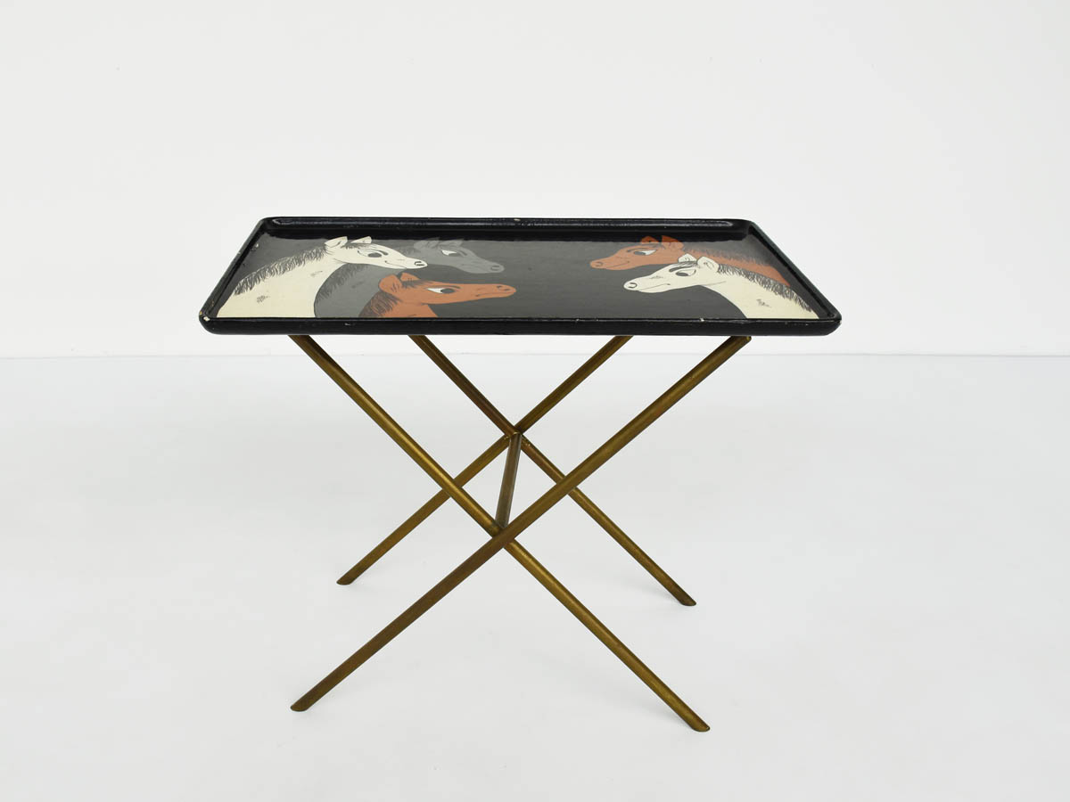 Naughty Horses. Folding Coffee Table with Hand-painted Tray, Signed