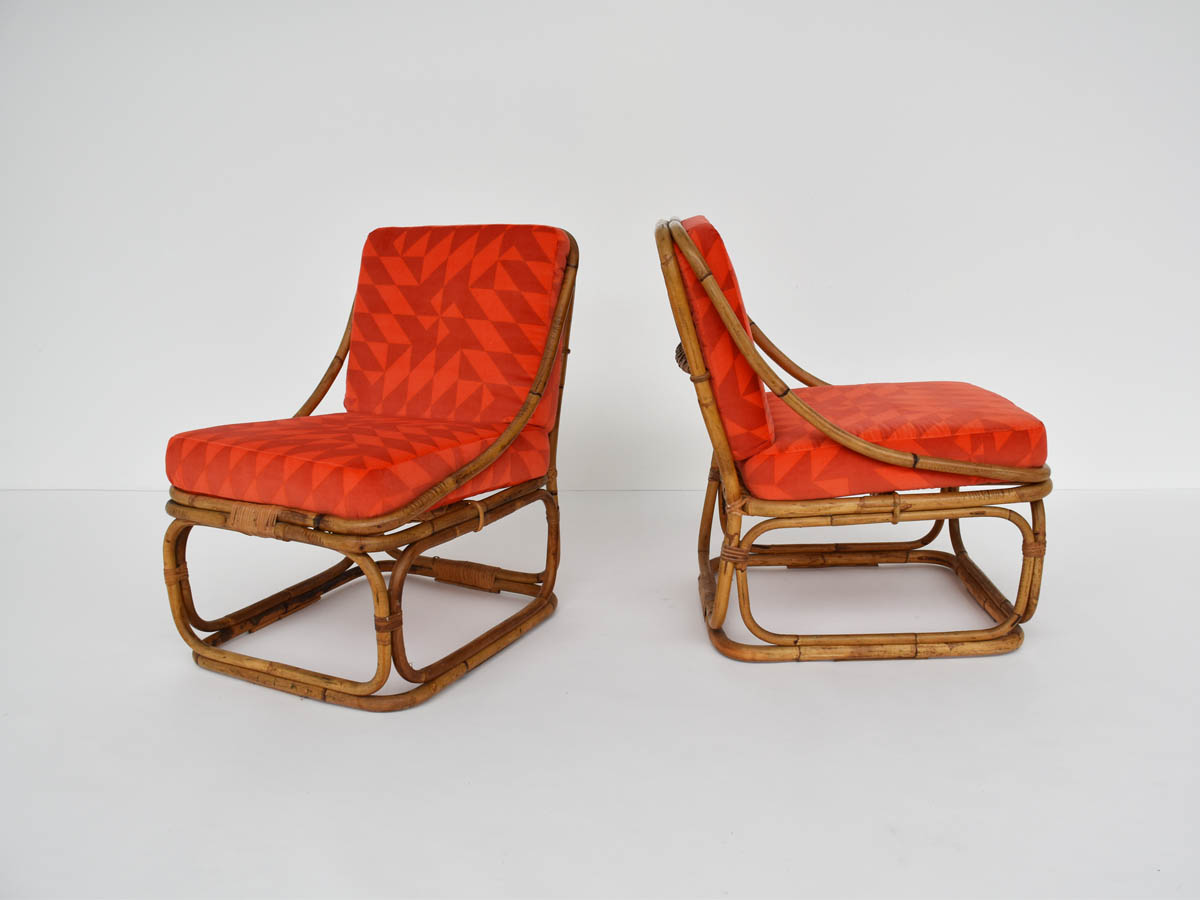 Bamboo Armchairs with Velvet Cushion Optical Ross Littel + Inger Klingenberg 1970s