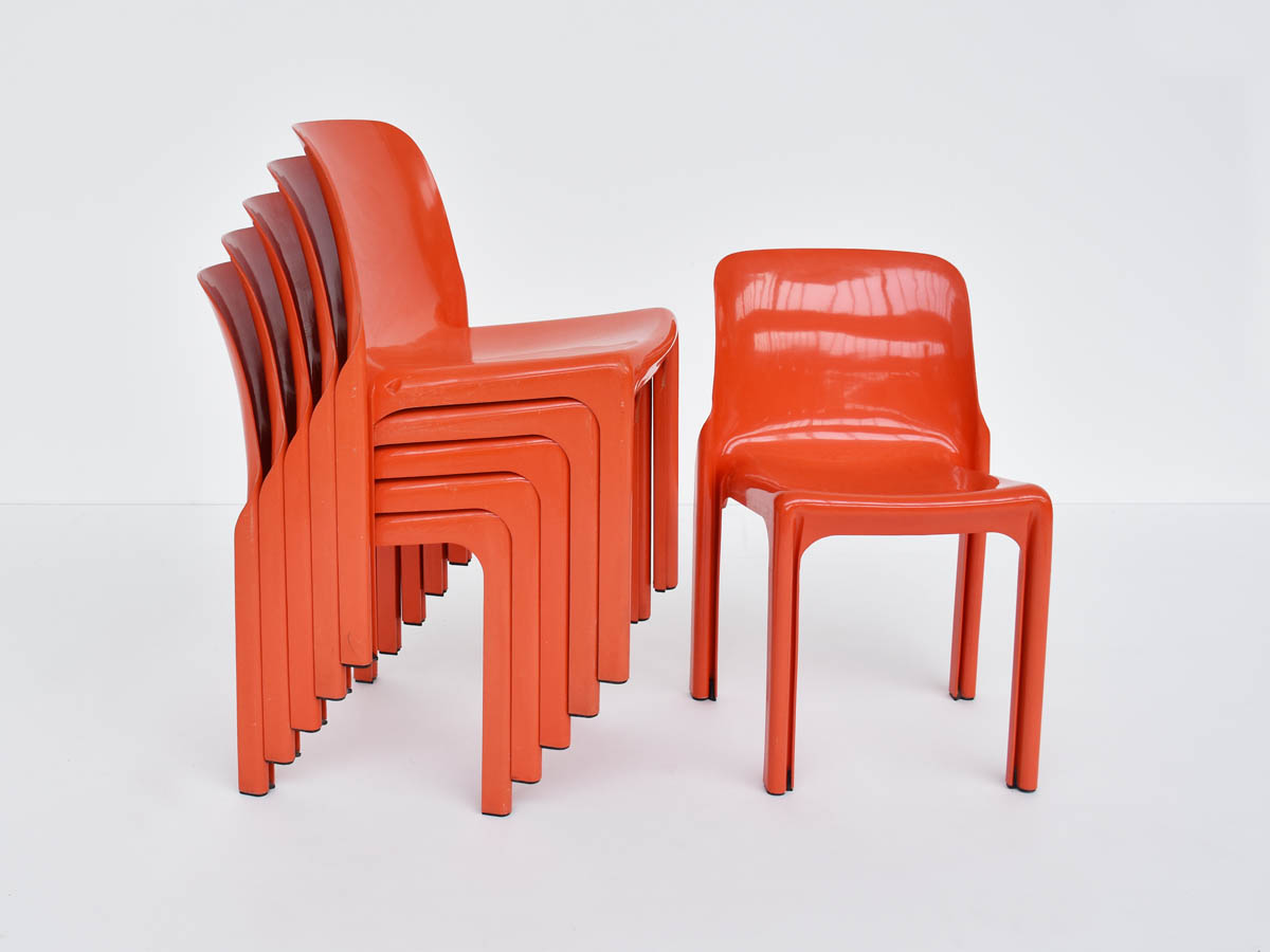 6 Stackable Bright Orange Chairs mod. Selene