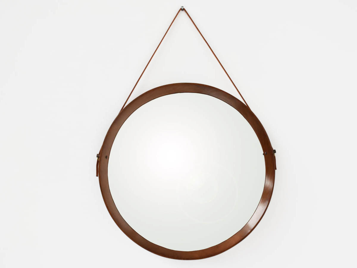 Specchio italiano rotondo in legno e cuoio