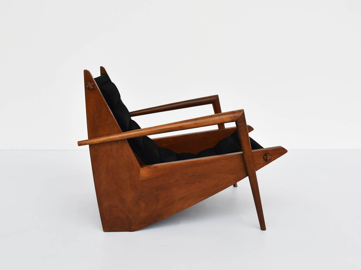 Boomerang Armchair, Demountable Brazilian Design in Solid Wood and Suede