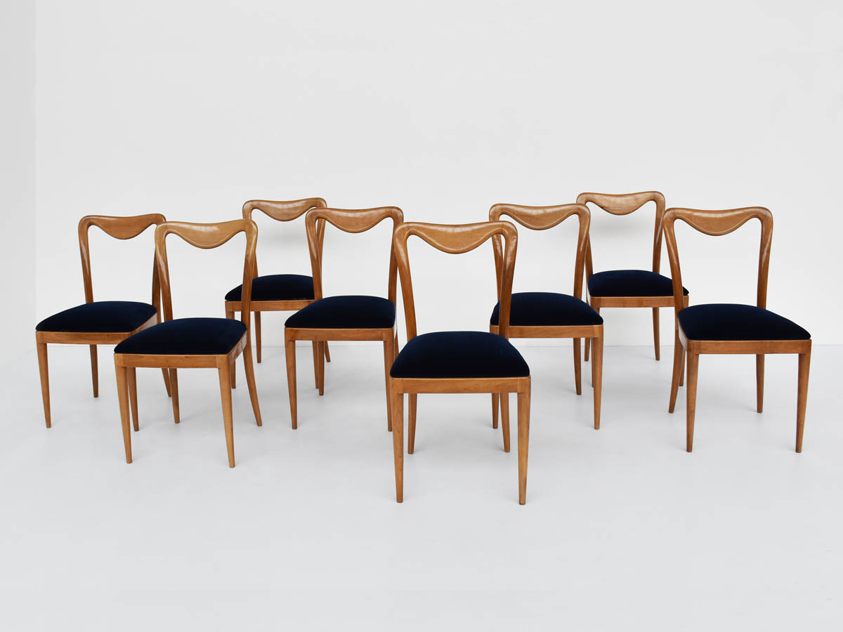 Elegant set of 8 chairs in Lemon Wood and Blue Velvet