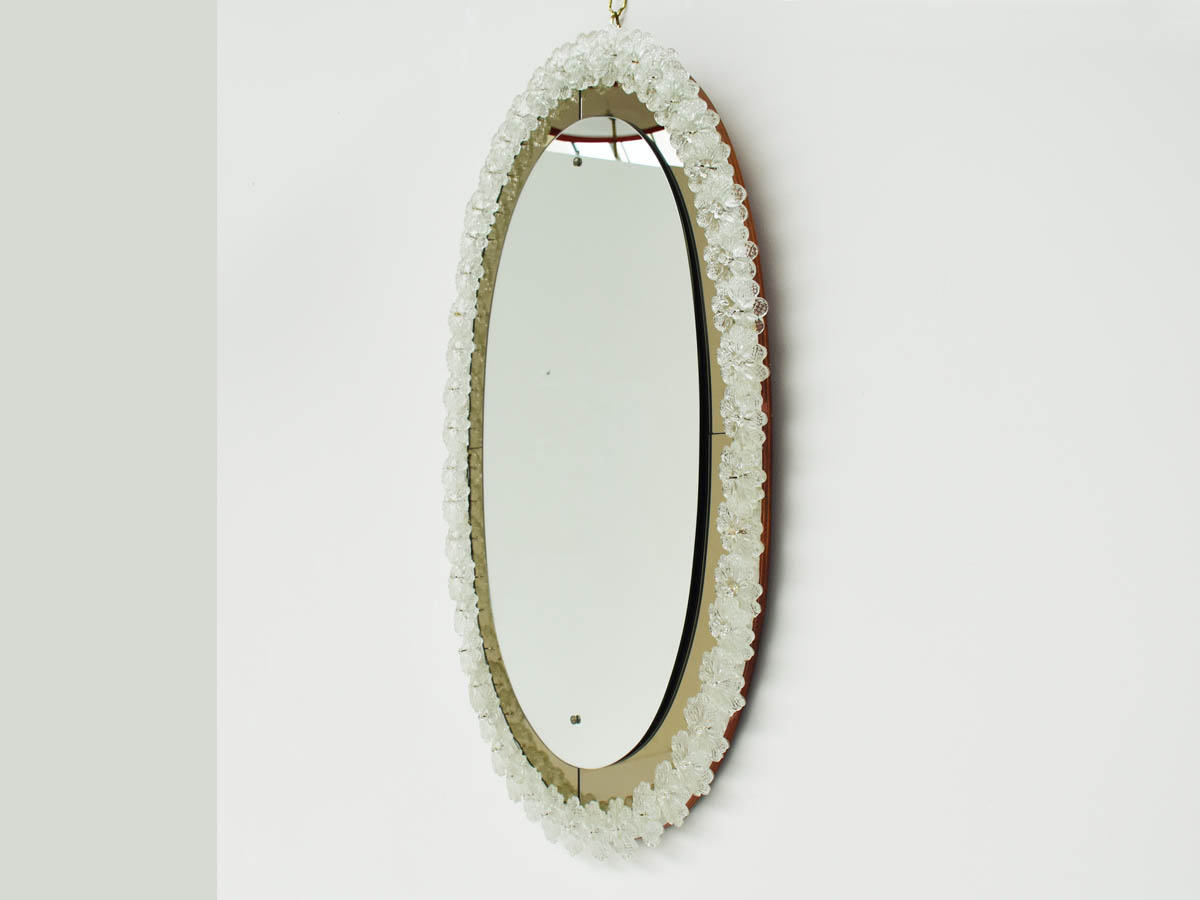 Oval Mirror with Blown Glass Flowers Frame and Bronze-Colored Mirror
