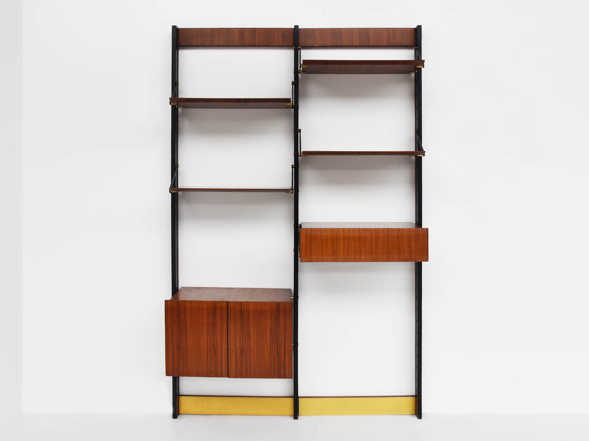 Rosewood and Brass Adjustable Bookcase with Storage and Drawer