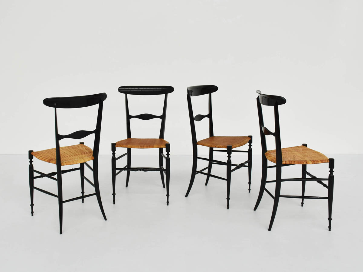 Set of 4 Classic Campanino Chairs in Black Lacquered and Straw