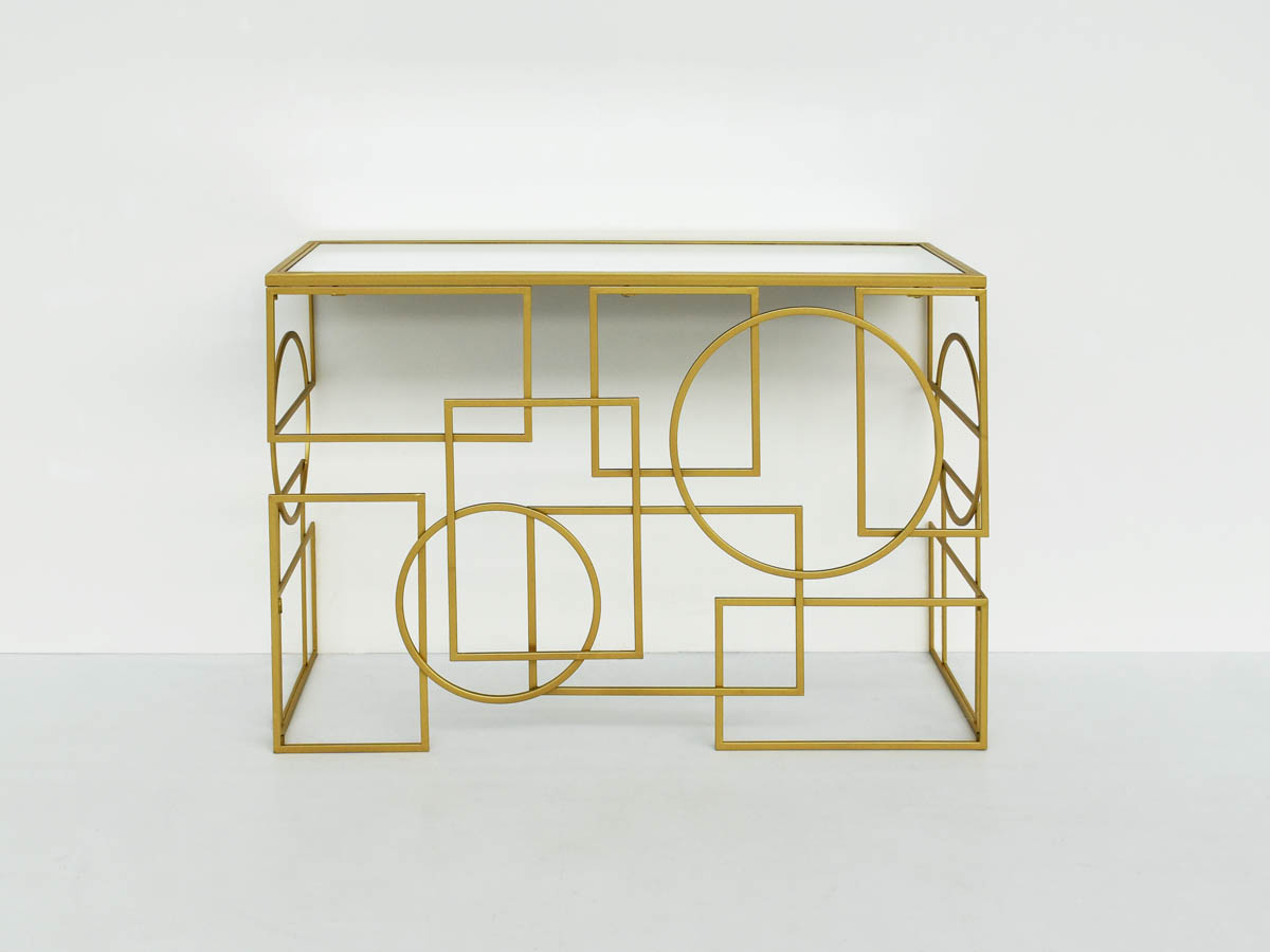 Table console décorative en métal doré et miroir
