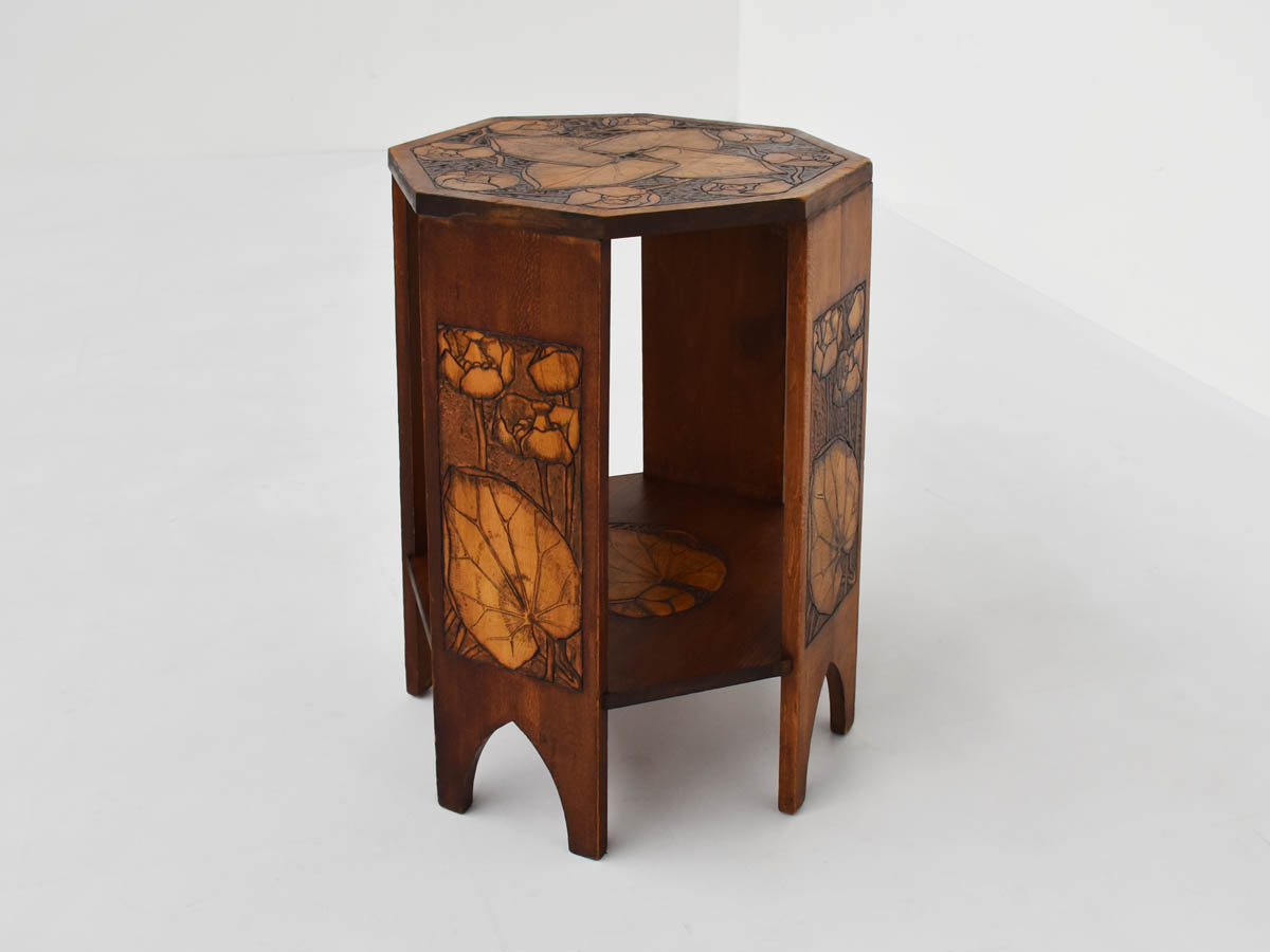 French Liberty Octagonal Side Table, Carved Wood with Lotus Flowers, 1920s