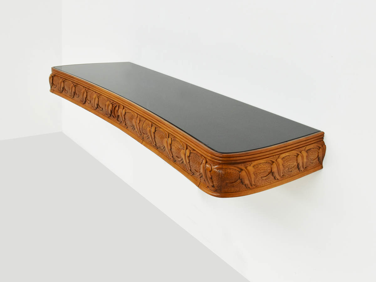 Suspended Console Table with Hidden Drawers, Carved Wood Black Glass