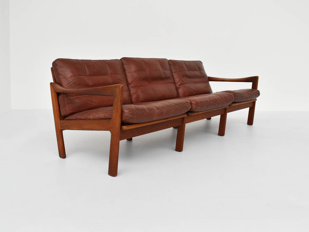 Danish Three Seater Sofa in Teak Wood and Patinated Leather