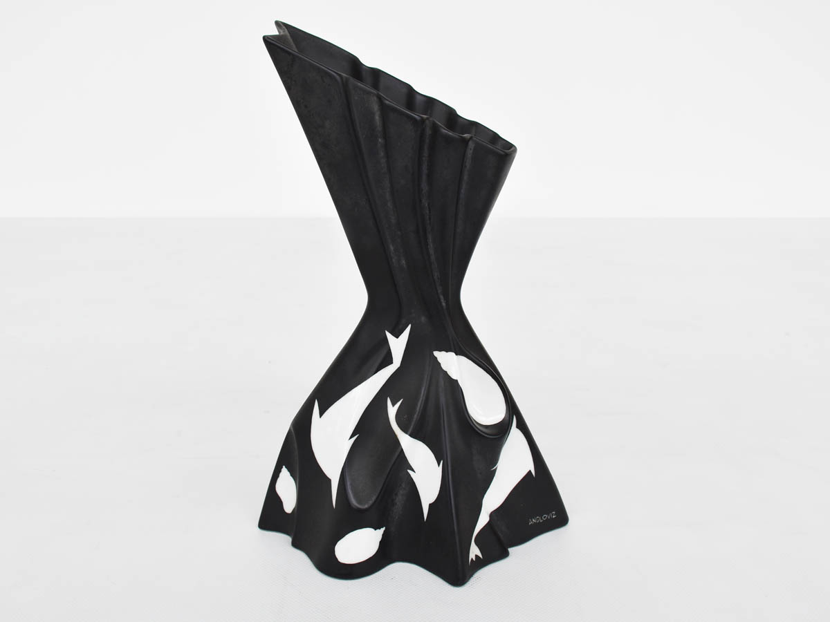 Black Folded Ceramic Vase, Dolphins and Fish