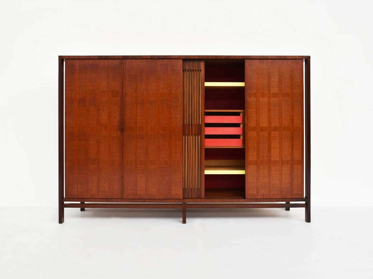 Rare Storage Cabinet with Sliding Inlaid Doors, Drawers and Pull-Out Shelves