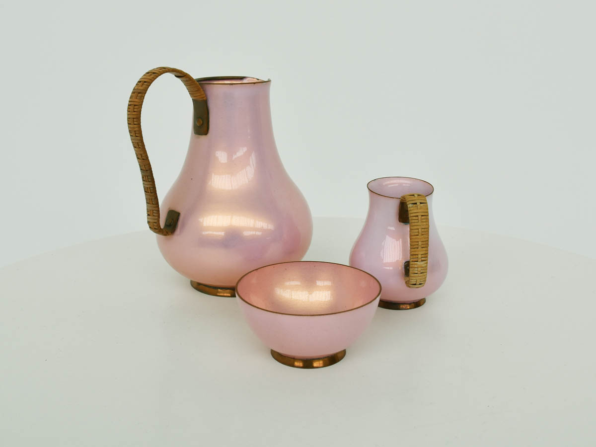 Opalescent Pale Pink Enameled Brass Service with Woven Straw