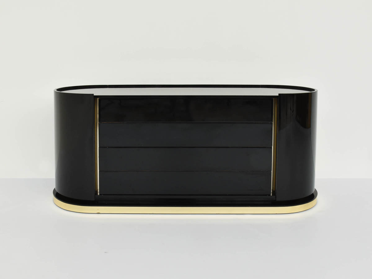 Black Lacquered Round Cabinet with Drawers and Bar Storage Units