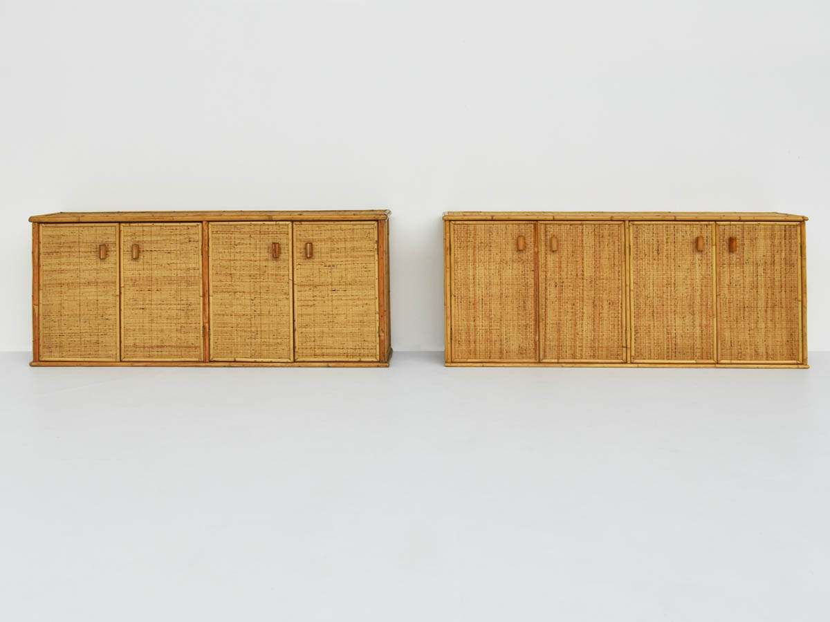 Rush and Bamboo Woven Pair of Low Sideboards