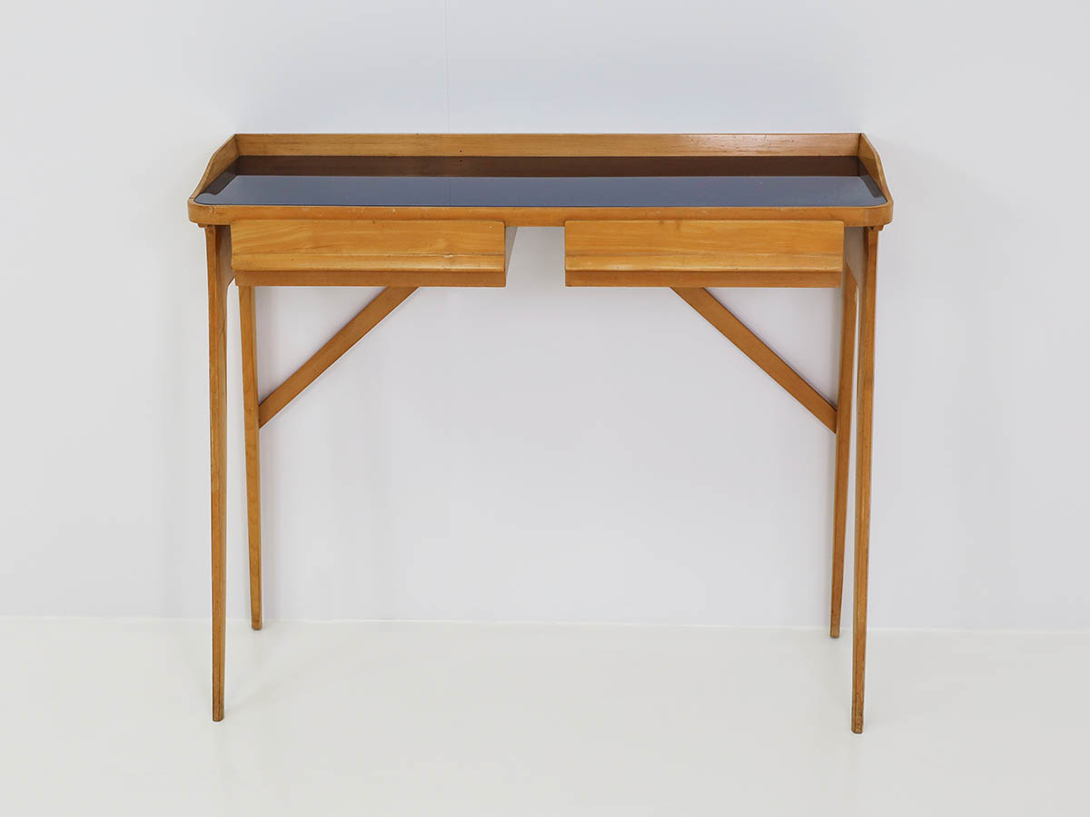 Italian console desk with drawers and navy blue glass