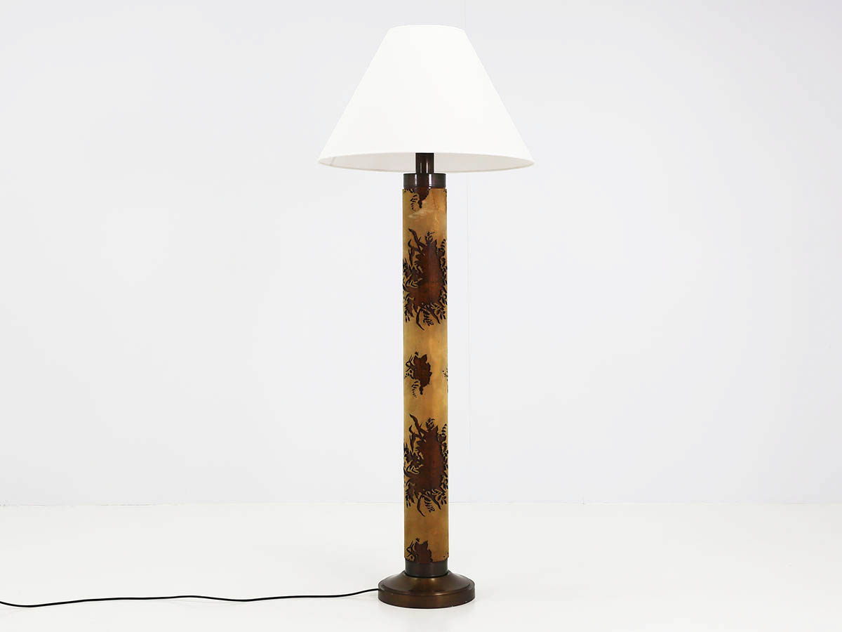 Large Art Deco Floor Lamp with Floral Engraved Stem and Brass Detailing