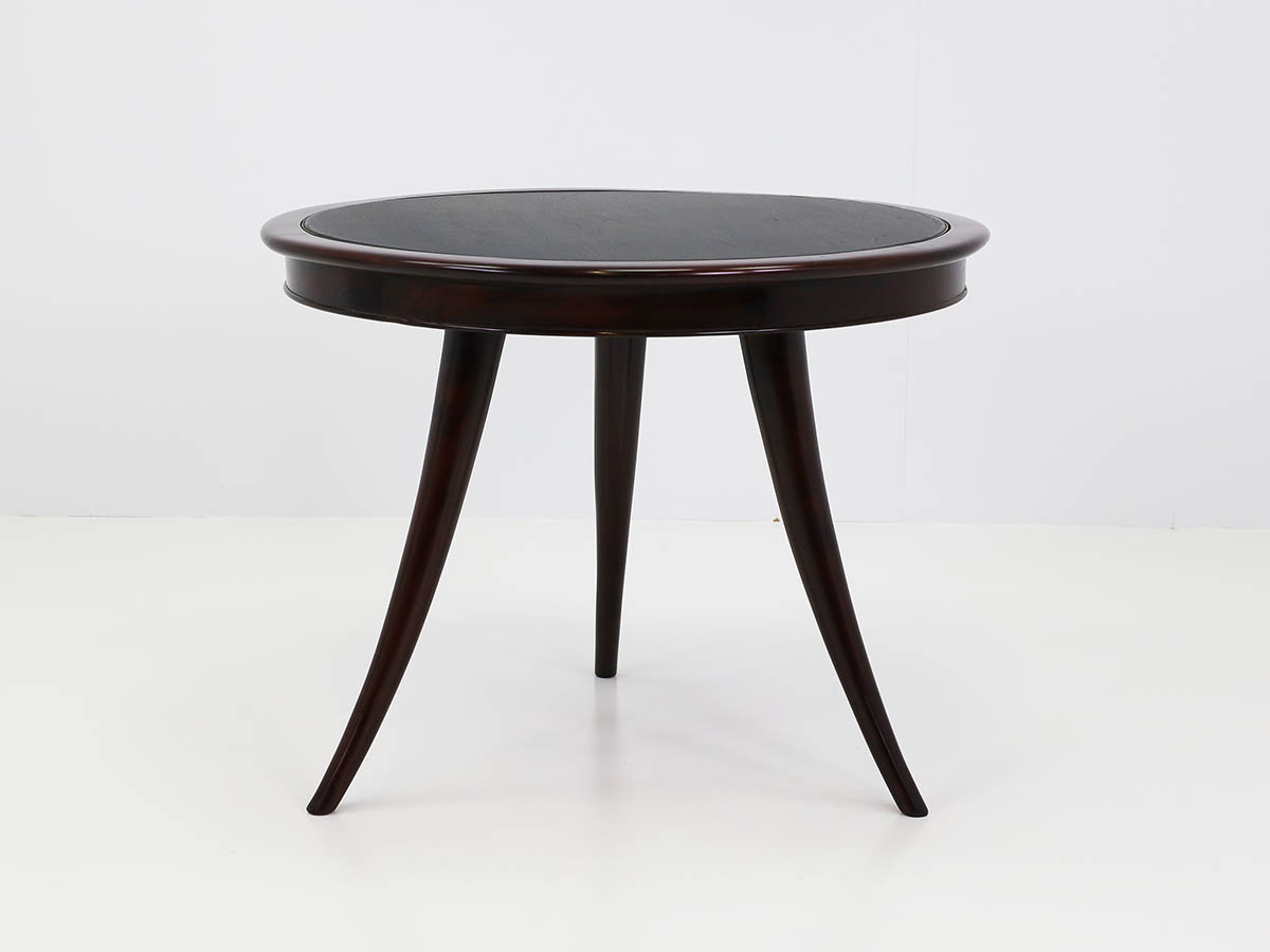 Elegant Three-Legged Center Table with Reversible Black Leather and Radial Walnut Top